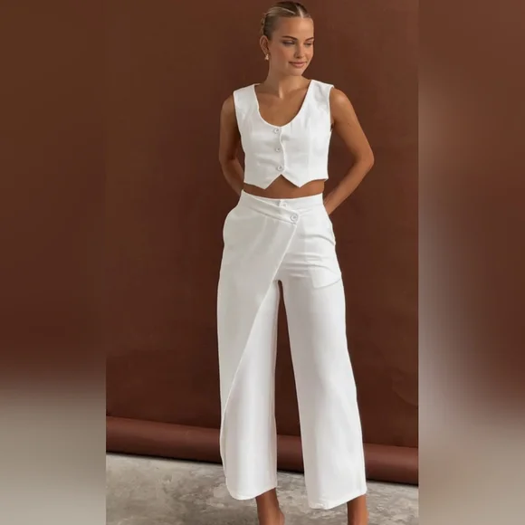 COMMENSE Solid Wet Asymetrical Straight Leg Pants Set Sz L NWT - Picture 2 of 13